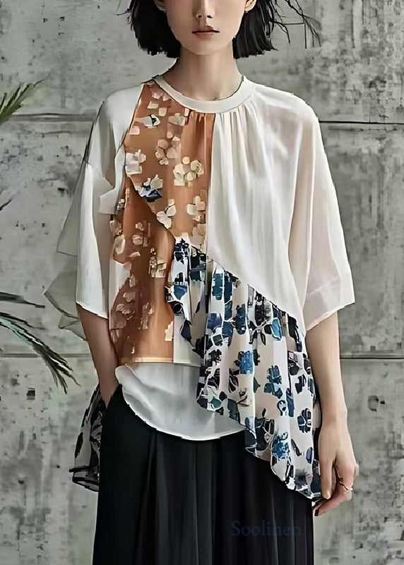 Loose White Asymmetrical Patchwork Cotton Shirt Top Summer