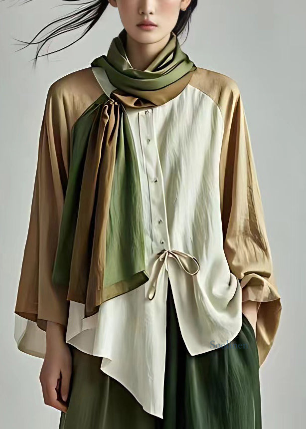 Loose White Asymmetrical Patchwork Tie Waist Button Shirt Fall