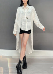 Loose White Asymmetrical Striped Button Cotton Shirt Spring