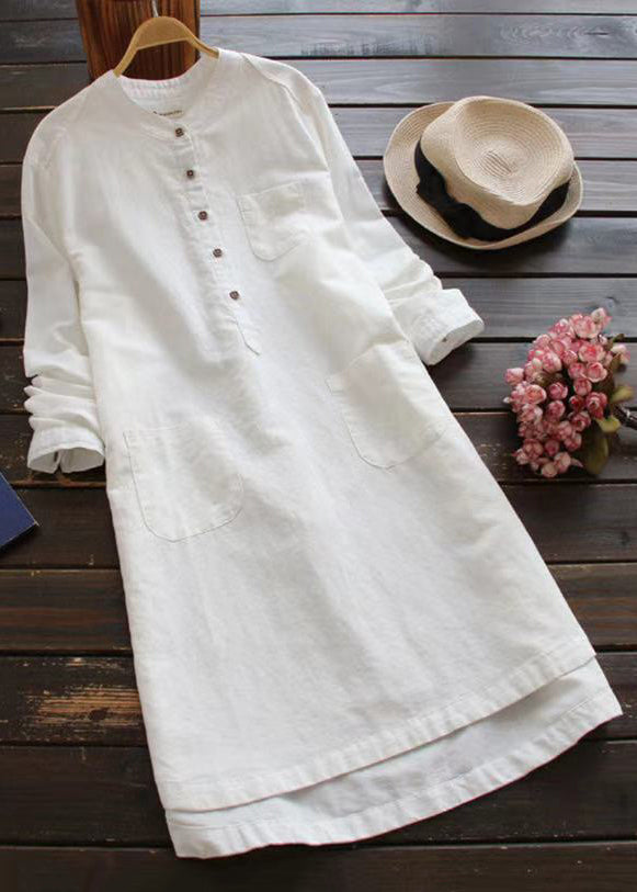 Loose White Button Pockets Linen Shirt Dresses Long Sleeve