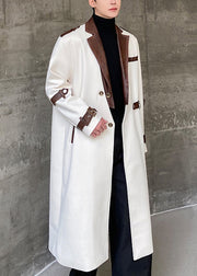 Loose White Button Pockets Patchwork Woolen Men Trench Coat Winter