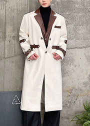 Loose White Button Pockets Patchwork Woolen Men Trench Coat Winter