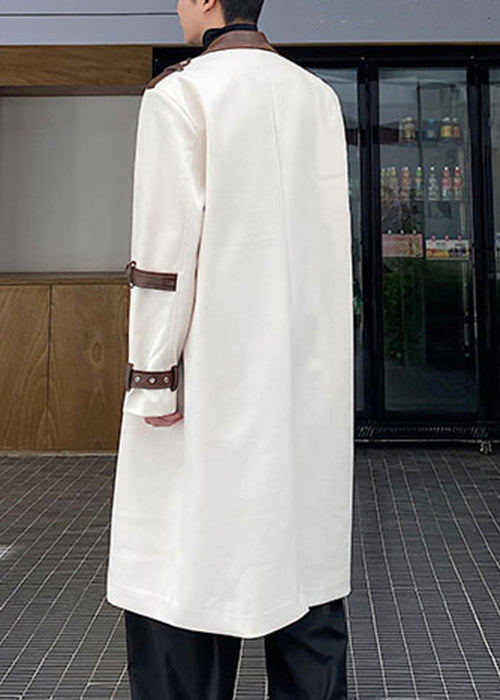 Loose White Button Pockets Patchwork Woolen Men Trench Coat Winter