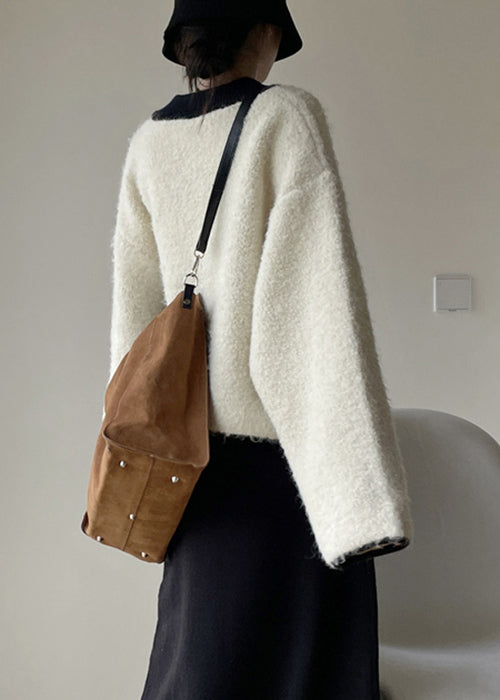 Loose White Button Thick Patchwork Woolen Coats Spring