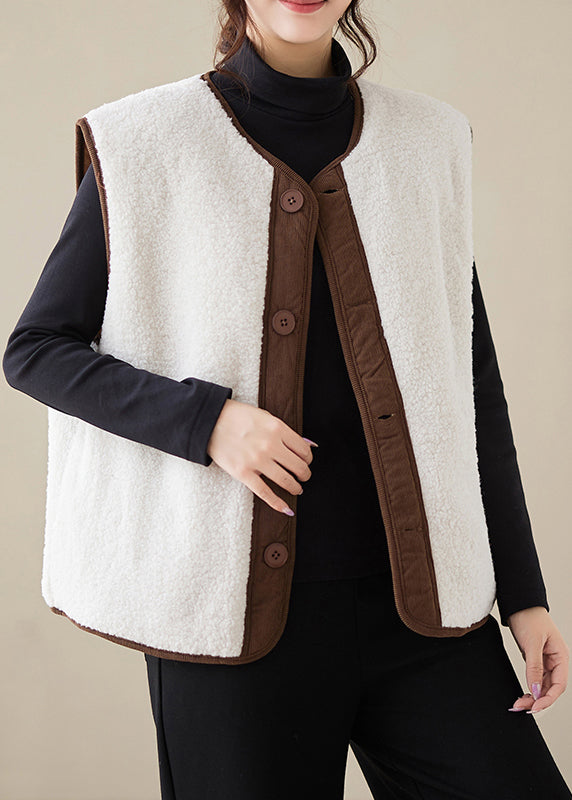 Loose White Button Wear On Both Sides Teddy Faux Fur Waistcoat Sleeveless