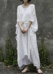 Loose White Drawstring Side Open Linen Two Pieces Set Half Sleeve