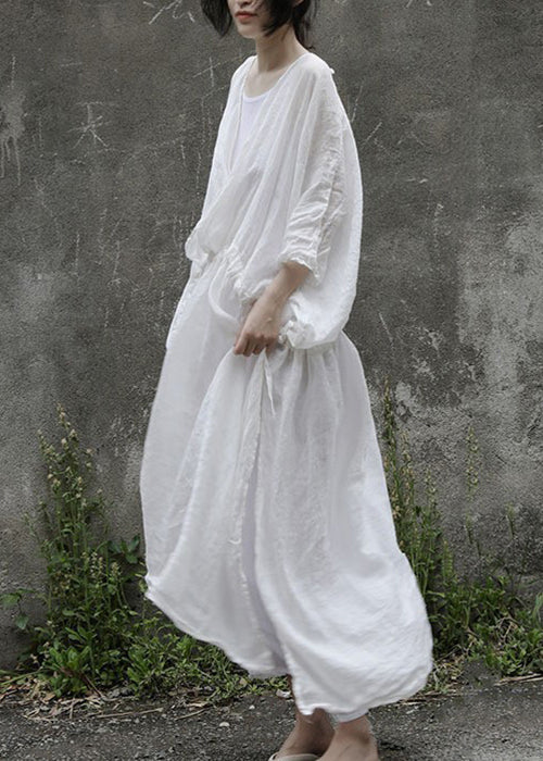 Loose White Drawstring Side Open Linen Two Pieces Set Half Sleeve