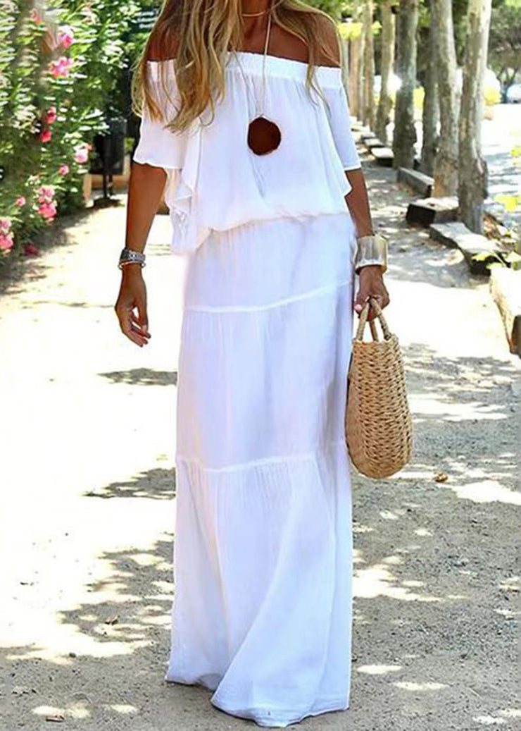 Loose White Elastic Waist Solid Cotton Maxi Dresses Slash Neck Summer