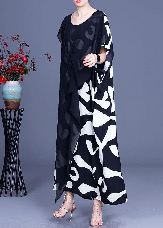 Loose White Elegant Print Patchwork Summer Silk Long Dresses