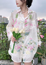 Loose White Embroidered Button Cotton Shirt Long Sleeve