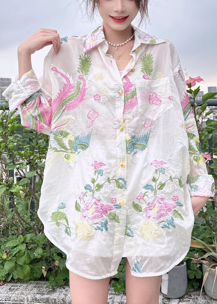 Loose White Embroidered Button Cotton Shirt Long Sleeve
