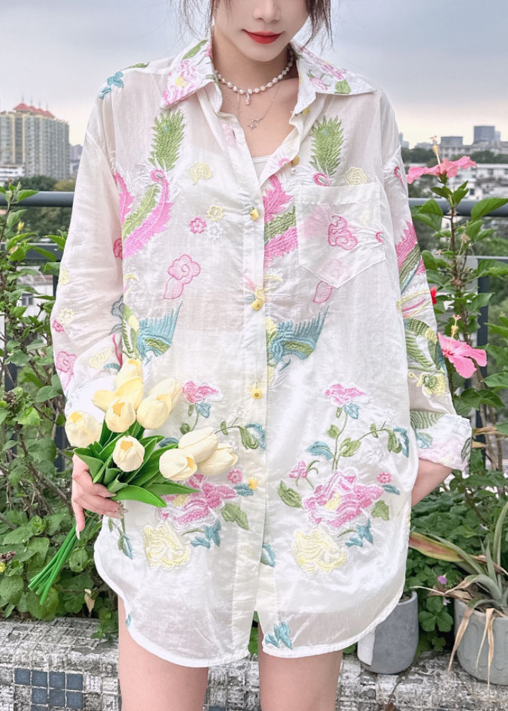 Loose White Embroidered Button Cotton Shirt Long Sleeve