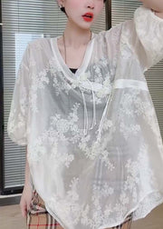 Loose White Embroidered Chinese Button Silk Cotton T Shirts Half Sleeved