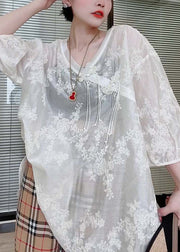 Loose White Embroidered Chinese Button Silk Cotton T Shirts Half Sleeved
