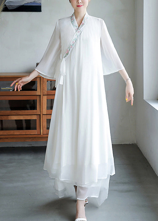 Loose White Embroidered Lace Up Chiffon Dresses Flare Sleeve