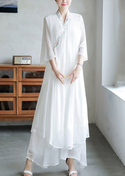 Loose White Embroidered Lace Up Chiffon Dresses Flare Sleeve