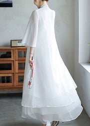 Loose White Embroidered Lace Up Chiffon Dresses Flare Sleeve