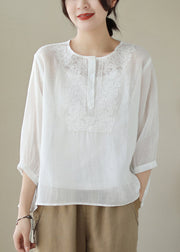 Loose White Embroidered Button Patchwork Cotton Blouse Summer