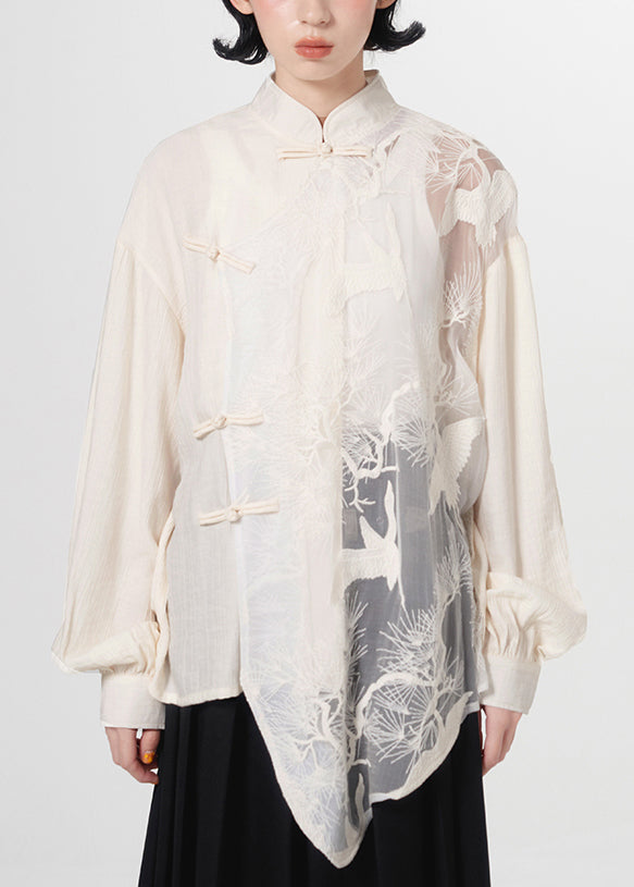 Loose White Embroidered Chinese Button Patchwork Tulle Shirt Top Fall