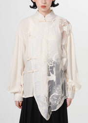 Loose White Embroideried Chinese Button Patchwork Tulle Shirt Top Fall