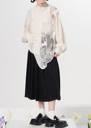 Loose White Embroideried Chinese Button Patchwork Tulle Shirt Top Fall