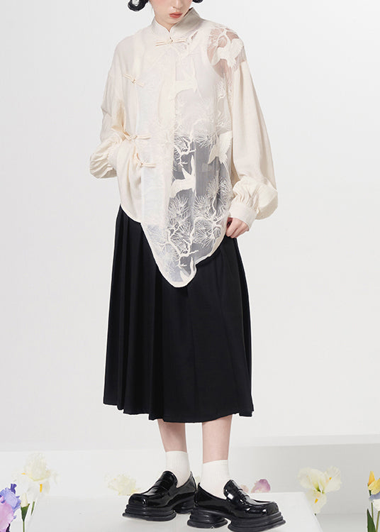 Loose White Embroidered Chinese Button Patchwork Tulle Shirt Top Fall