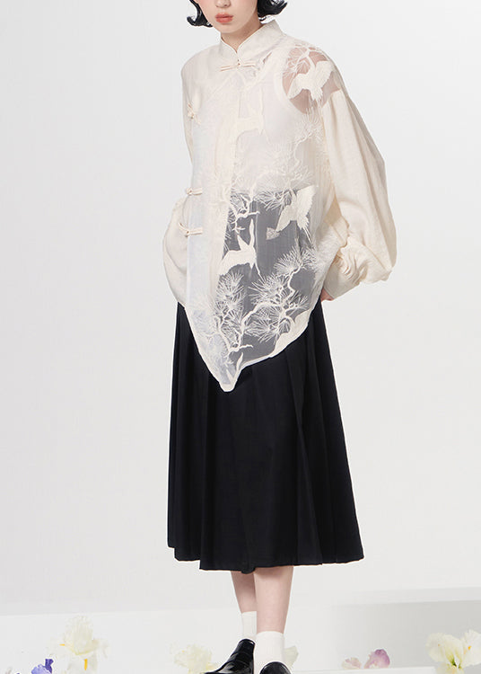 Loose White Embroideried Chinese Button Patchwork Tulle Shirt Top Fall