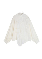 Loose White Embroidered Chinese Button Patchwork Tulle Shirt Top Fall