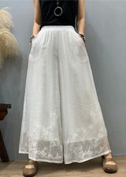 Loose White Embroideried Elastic Waist Silk Linen Wide Leg Pants Summer