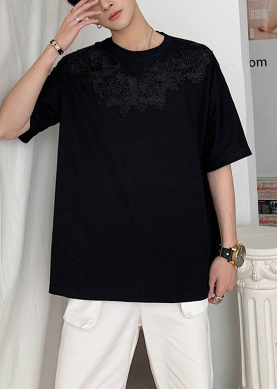 Loose White Embroideried Floral Cotton Mens T Shirt Designer Summer