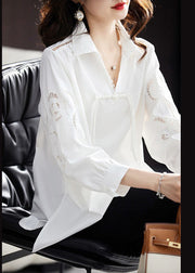 Loose White Embroidered Hollow Out Cotton Shirt Spring