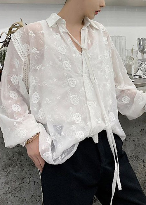 Loose White Embroideried Lace Up Cotton Men&