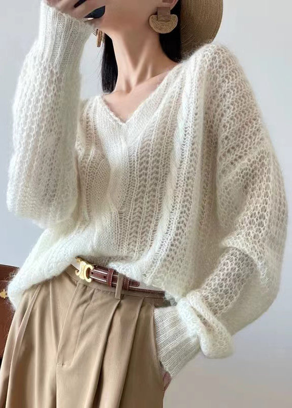 Loose White Hollow Out Solid Knit Sweater Winter