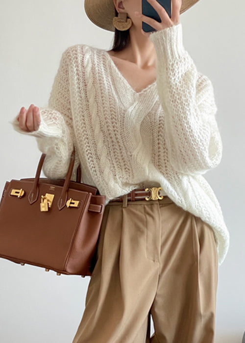 Loose White Hollow Out Solid Knit Sweater Winter