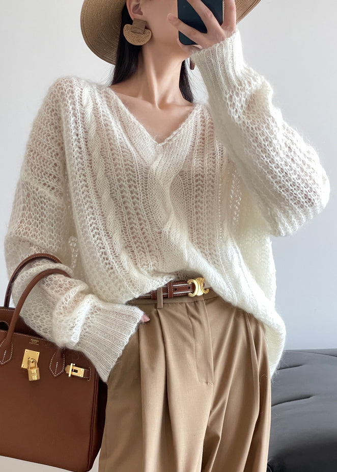 Loose White Hollow Out Solid Knit Sweater Winter