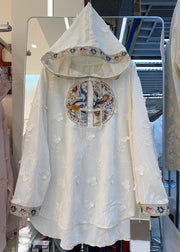 Loose White Hooded Embroidered Button Cotton Top Summer
