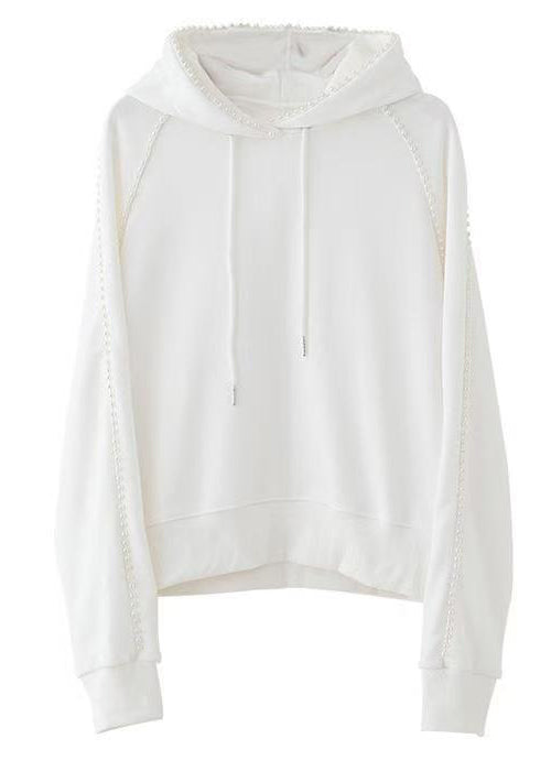 Loose White Hooded Pearl Cotton Sweatshirts Spring