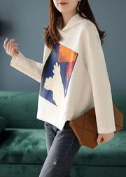 Loose White Hooded Print Patchwork Cotton Sweatshirt Fall