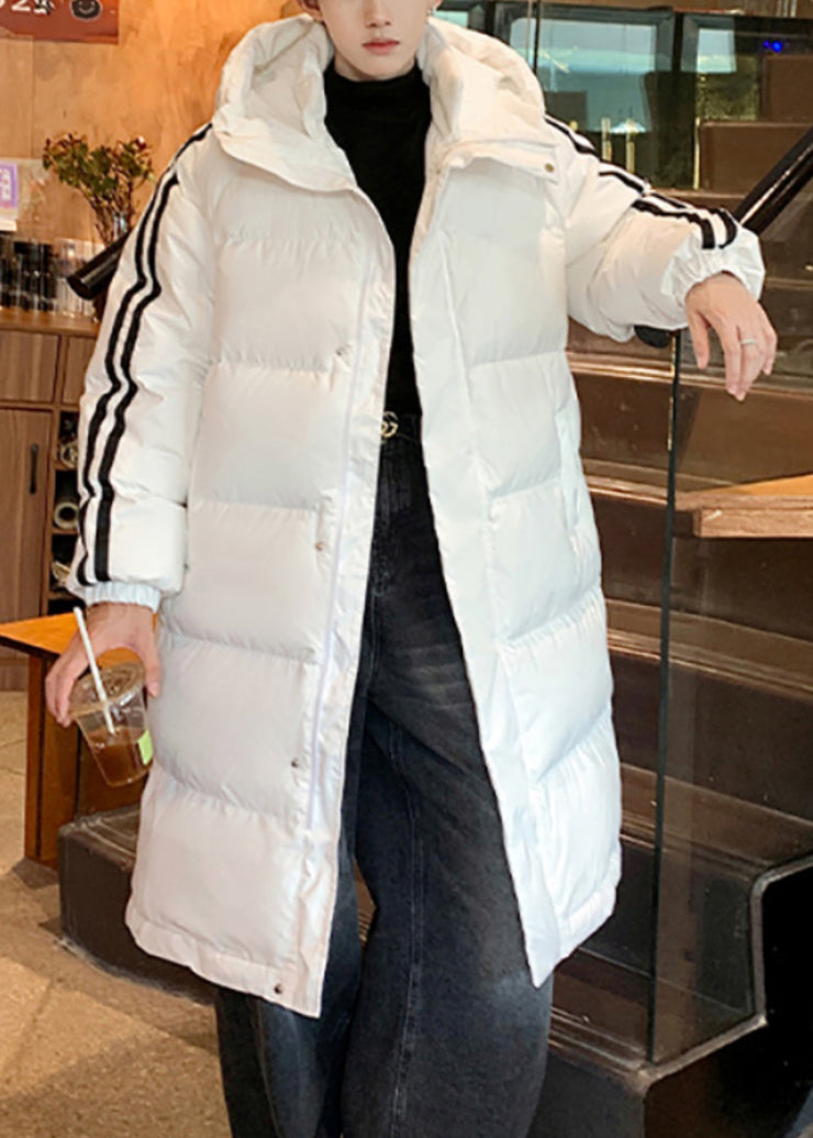 Loose White Hooded Striped Duck Down Men Down Long Coat Winter