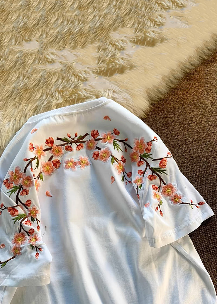 Loose White O-Neck Embroidered Cotton T Shirts Summer