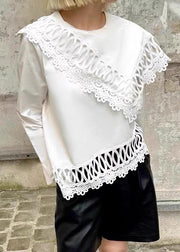 Loose White O Neck Hollow Out Cotton Tops Fall