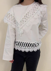 Loose White O Neck Hollow Out Cotton Tops Fall