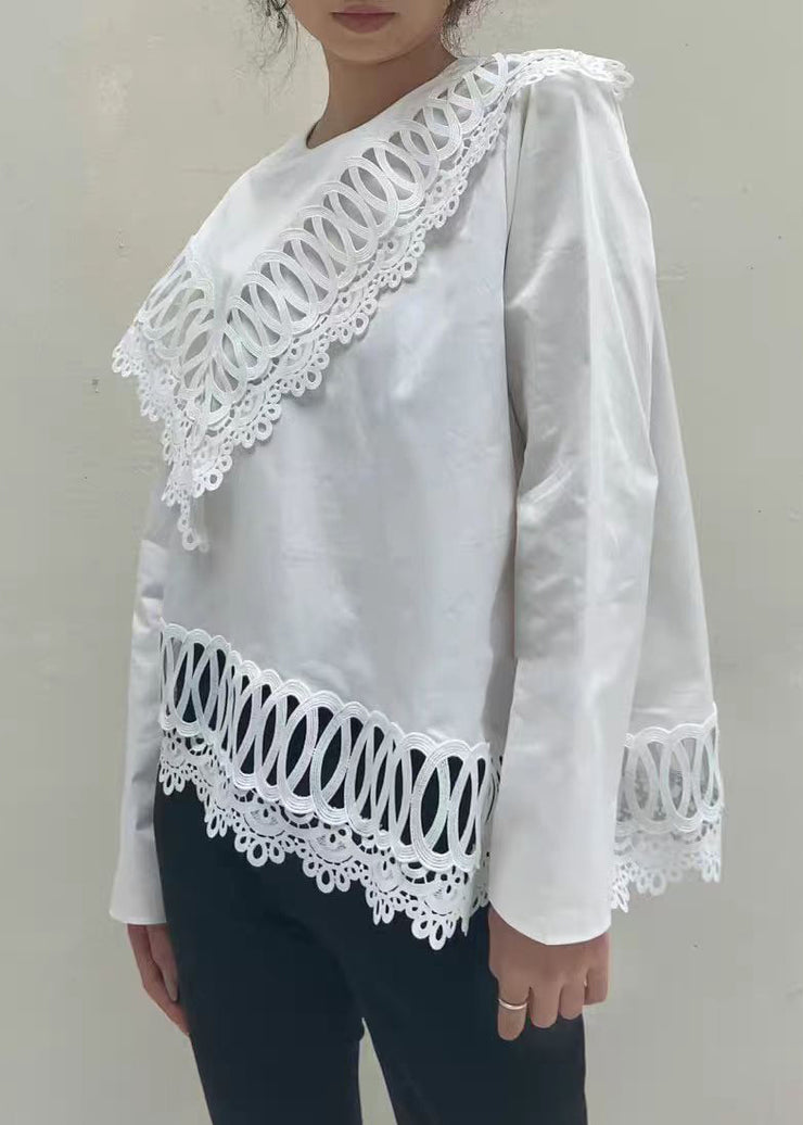 Loose White O Neck Hollow Out Cotton Tops Fall