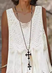 Loose White O-Neck Lace Patchwork Mid Dress Sleeveless