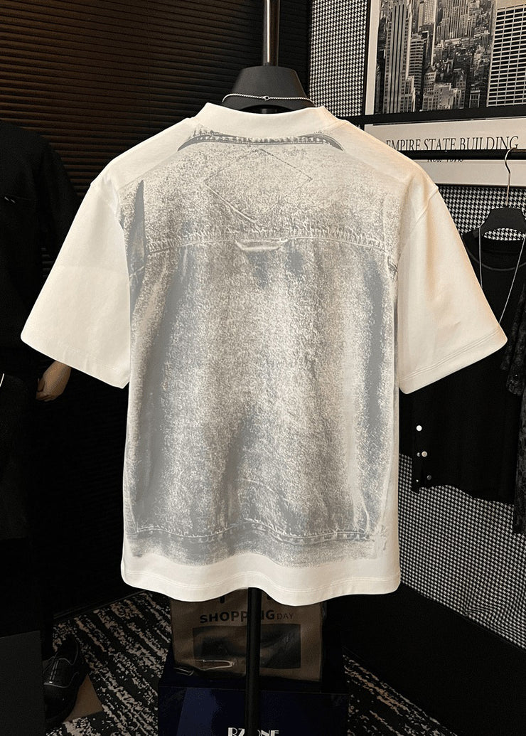 Loose White O Neck Print Cotton T Shirt Men Casual Clothing Summer