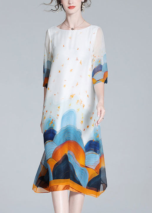 Loose White O Neck Print Silk Dresses Half Sleeve