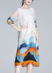 Loose White O Neck Print Silk Dresses Half Sleeve