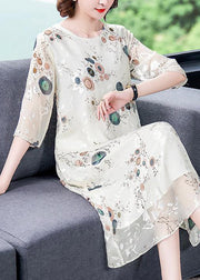 Loose White O-Neck Print Silk Holiday Dress Half Sleeve