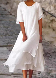 Loose White O Neck Side Open Cotton Dresses Short Sleeve