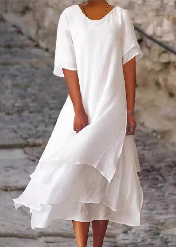 Loose White O Neck Side Open Cotton Dresses Short Sleeve